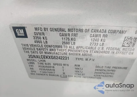 2016 Chevrolet Equinox Lt z USA, uszkodzony, nr VIN 2GNALCEKXG6242231